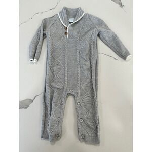 Boys Knit Cable Knit Shawl Collar Romper Gray 6 Months
